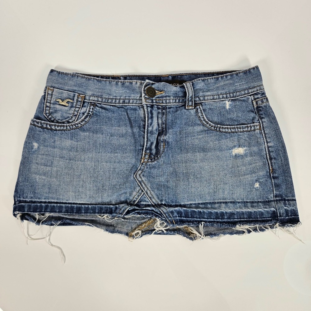 Hollister Distressed Denim Mini Micro Skirt Raw Hem Y2K Size 0